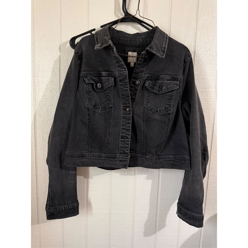 Wax Jean Womens 2XL Black Denim Trucker Jacket Cropped Faded Jean Jacket